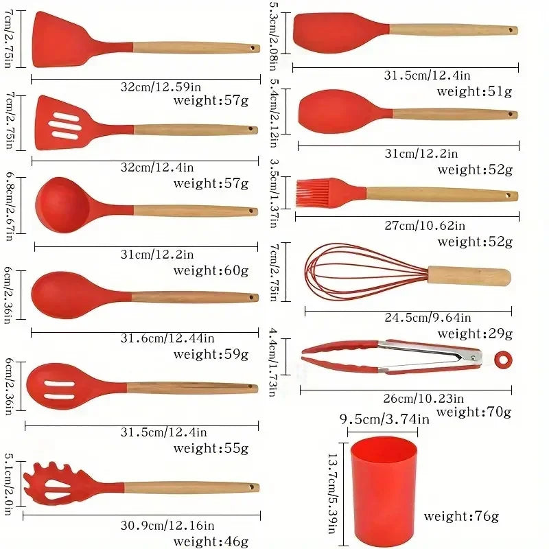Set 12 Utensili da Cucina in Silicone Resistenti al Calore con Supporto – BPA Free, Lavabili in Lavastoviglie
