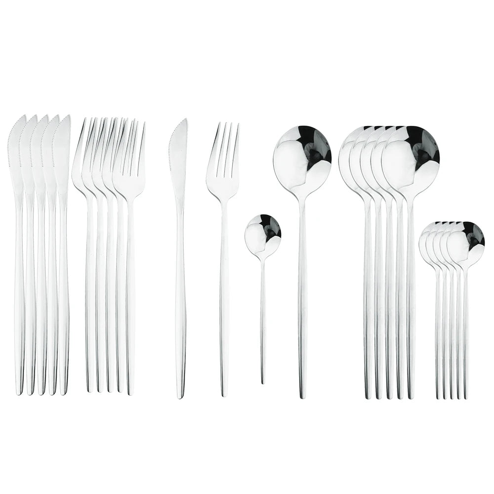 Set Posate 24 pezzi Manico Nero con Finitura Oro | Coltelli, Forchette, Cucchiai in Acciaio Inox | Completo per Cucina e Tavola