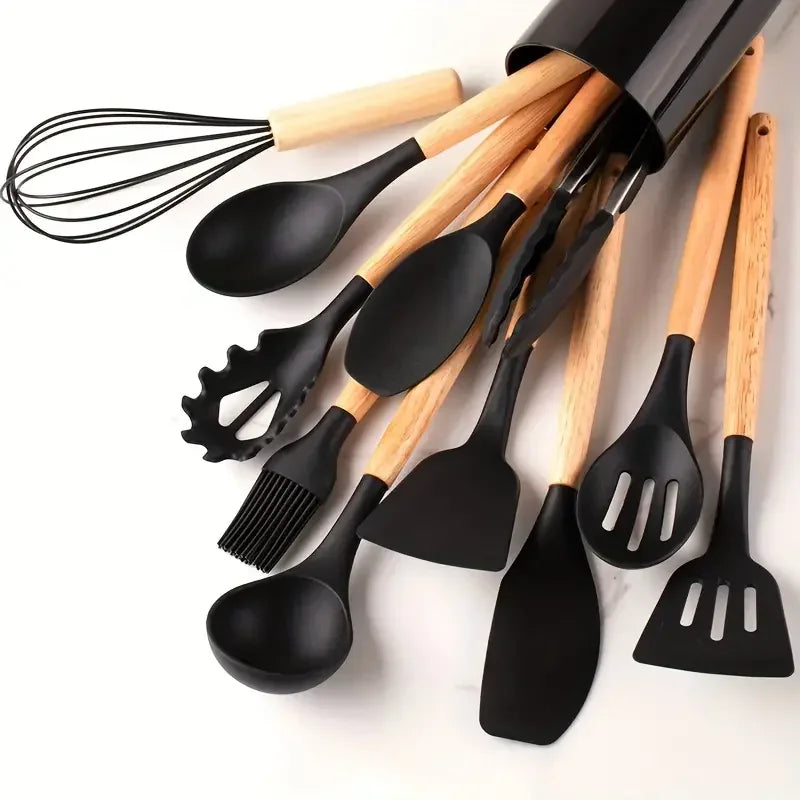 Set 12 Utensili da Cucina in Silicone Resistenti al Calore con Supporto – BPA Free, Lavabili in Lavastoviglie