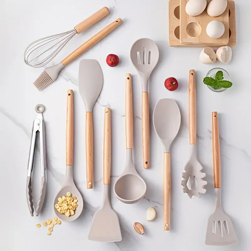 Set 12 Utensili da Cucina in Silicone Resistenti al Calore con Supporto – BPA Free, Lavabili in Lavastoviglie