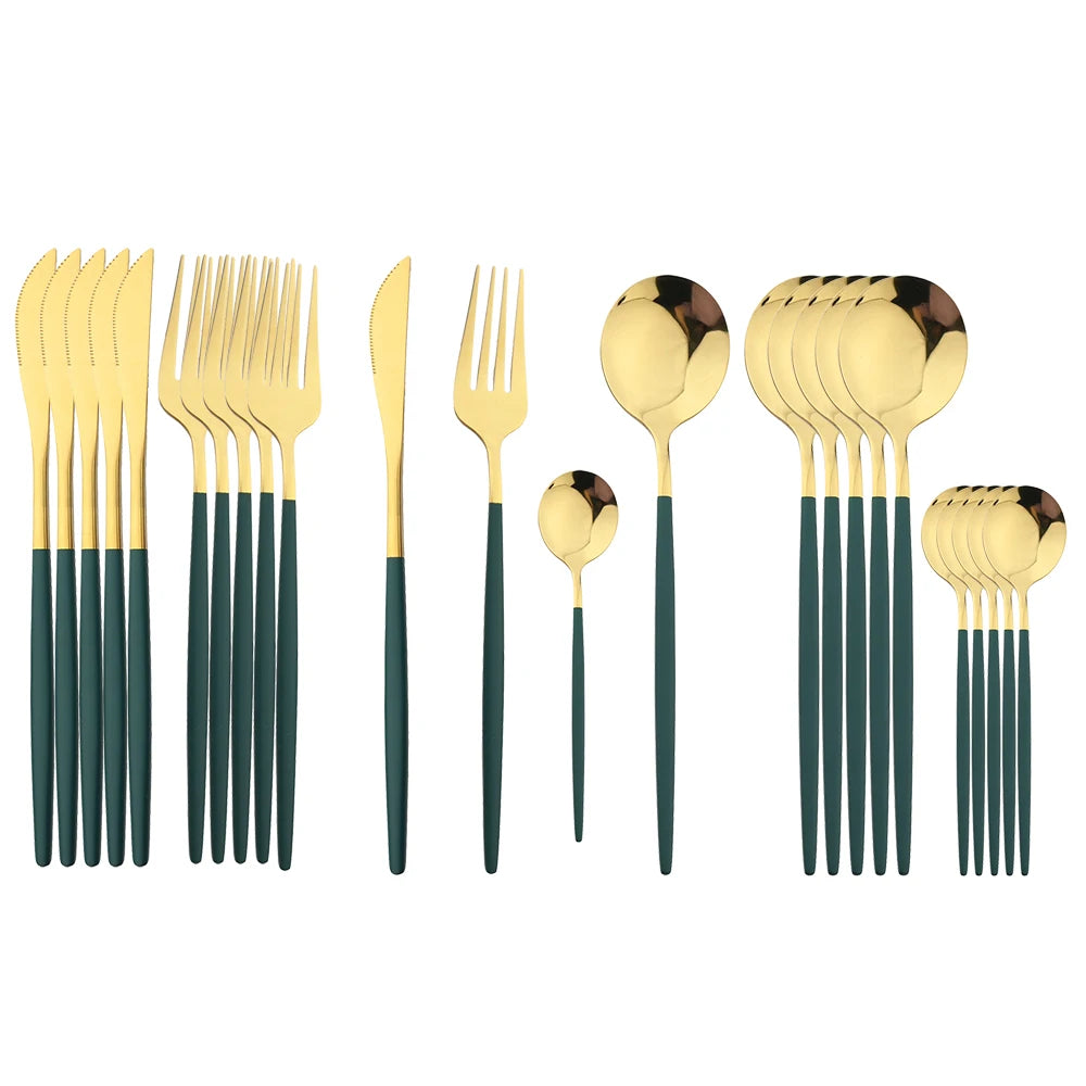 Set Posate 24 pezzi Manico Nero con Finitura Oro | Coltelli, Forchette, Cucchiai in Acciaio Inox | Completo per Cucina e Tavola