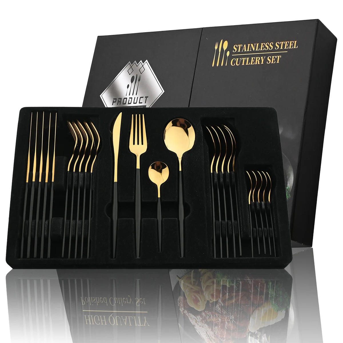 Set Posate 24 pezzi Manico Nero con Finitura Oro | Coltelli, Forchette, Cucchiai in Acciaio Inox | Completo per Cucina e Tavola
