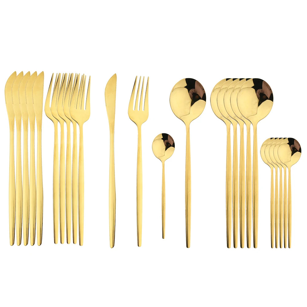 Set Posate 24 pezzi Manico Nero con Finitura Oro | Coltelli, Forchette, Cucchiai in Acciaio Inox | Completo per Cucina e Tavola