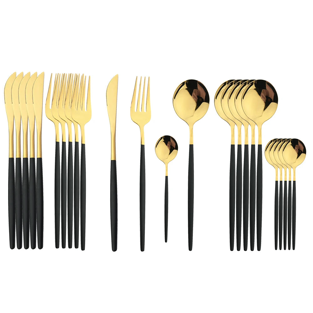Set Posate 24 pezzi Manico Nero con Finitura Oro | Coltelli, Forchette, Cucchiai in Acciaio Inox | Completo per Cucina e Tavola