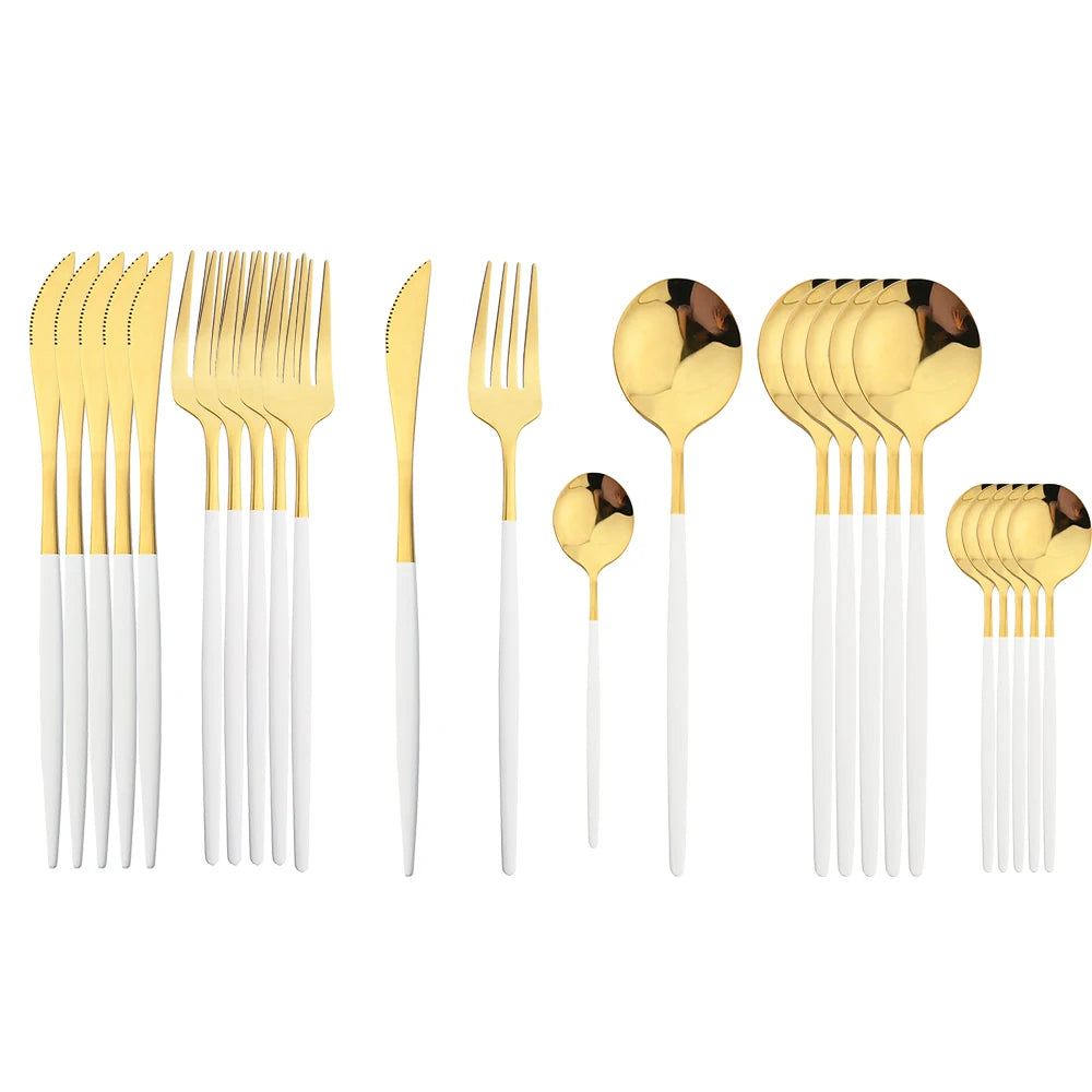 Set Posate 24 pezzi Manico Nero con Finitura Oro | Coltelli, Forchette, Cucchiai in Acciaio Inox | Completo per Cucina e Tavola