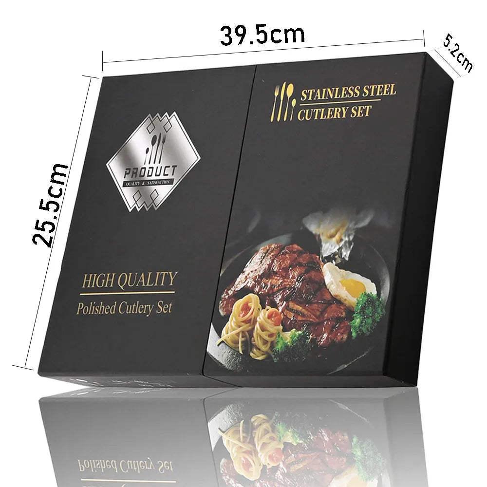Set Posate 24 pezzi Manico Nero con Finitura Oro | Coltelli, Forchette, Cucchiai in Acciaio Inox | Completo per Cucina e Tavola