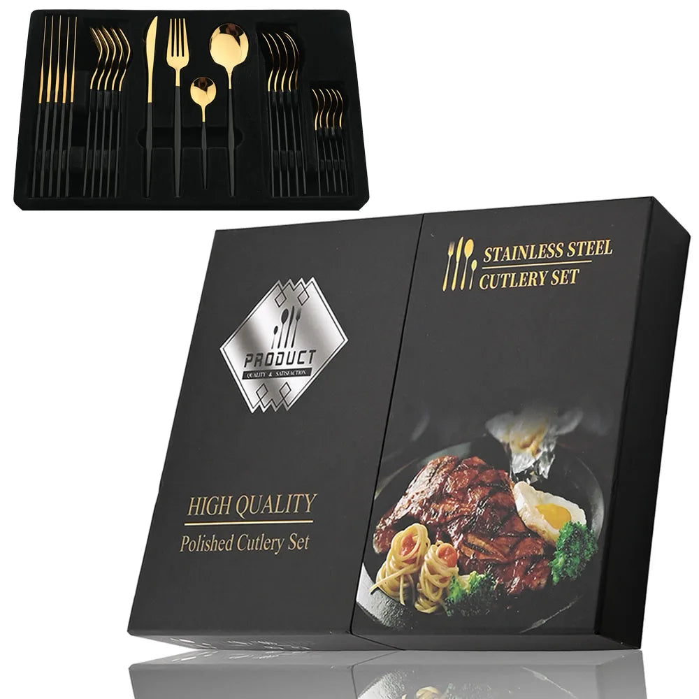 Set Posate 24 pezzi Manico Nero con Finitura Oro | Coltelli, Forchette, Cucchiai in Acciaio Inox | Completo per Cucina e Tavola