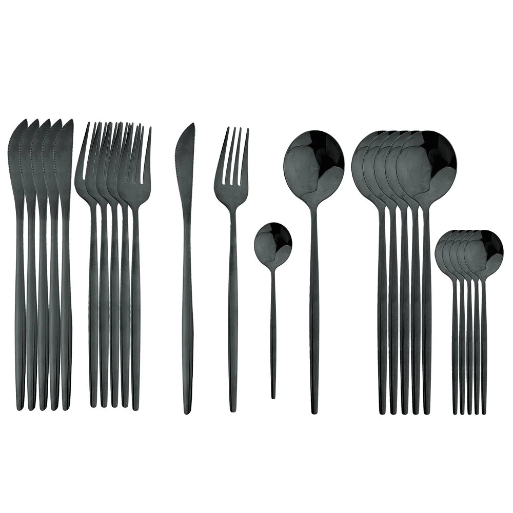 Set Posate 24 pezzi Manico Nero con Finitura Oro | Coltelli, Forchette, Cucchiai in Acciaio Inox | Completo per Cucina e Tavola