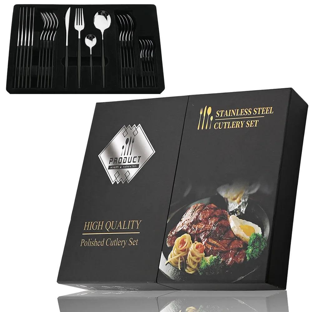 Set Posate 24 pezzi Manico Nero con Finitura Oro | Coltelli, Forchette, Cucchiai in Acciaio Inox | Completo per Cucina e Tavola