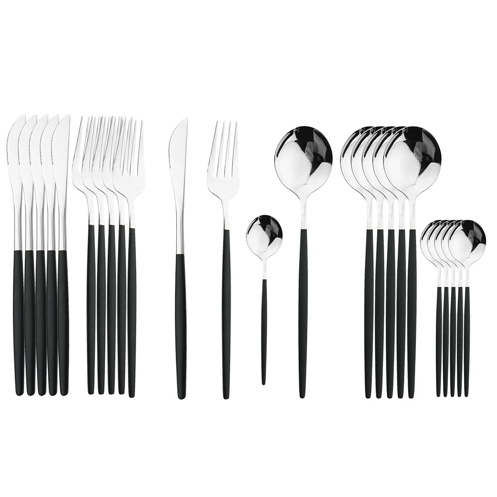 Set Posate 24 pezzi Manico Nero con Finitura Oro | Coltelli, Forchette, Cucchiai in Acciaio Inox | Completo per Cucina e Tavola