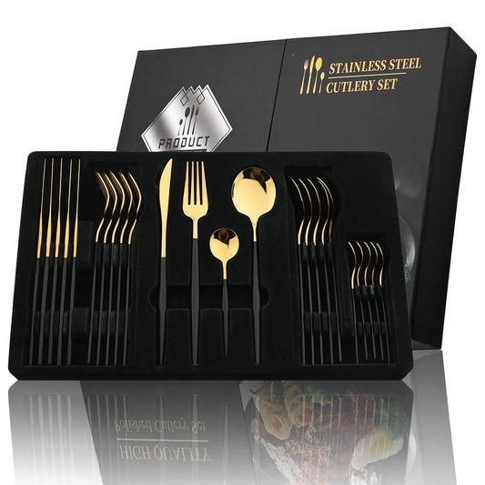 Set Posate 24 pezzi Manico Nero con Finitura Oro | Coltelli, Forchette, Cucchiai in Acciaio Inox | Completo per Cucina e Tavola