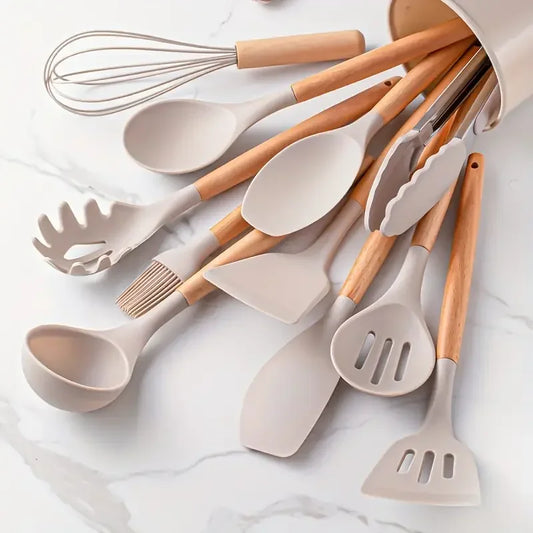 Set 12 Utensili da Cucina in Silicone Resistenti al Calore con Supporto – BPA Free, Lavabili in Lavastoviglie